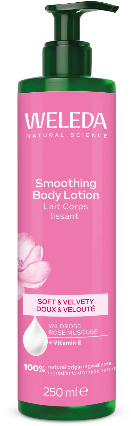Roze fles met Weleda verzachtende lichaamslotion met groene pomp, bevat roos en vitamine E.