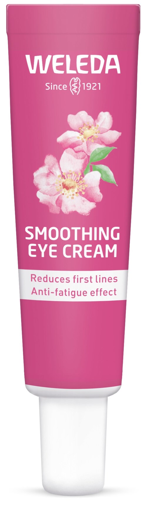Roze tube met Weleda oogcrème met bloemen, helpt eerste rimpels te verminderen en vermoeidheid te bestrijden.