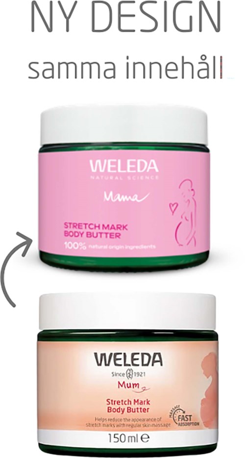 Zwei Gläser Weleda Dehnungsstreifen-Körperbutter für Mütter, eines pink, eines pfirsichfarben, mit weißem Hintergrund.
