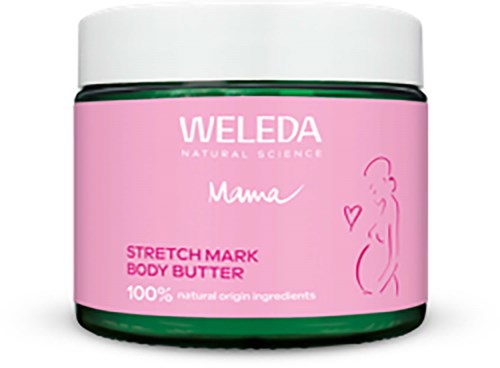 Rosa Behälter von Weleda Mama Dehnungsstreifen Körpersahne mit weißem Deckel und einfacher Linienzeichnung einer schwangeren Frau.