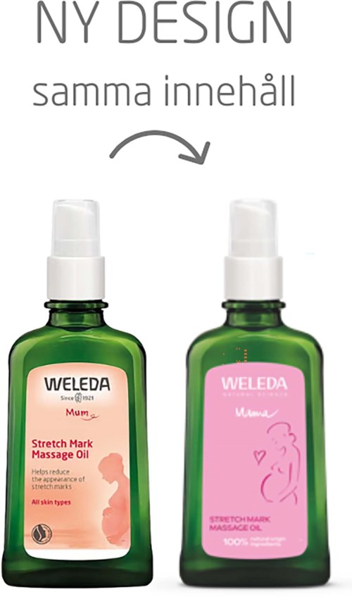 Zwei grüne Flaschen mit Weleda Dehnungsstreifen-Massageöl mit rosa Etiketten und Illustrationen einer schwangeren Frau.