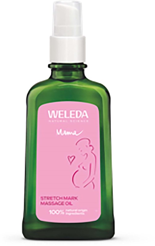 Grüne Flasche mit rosa Etikett mit Frau und Herz, enthält Massageöl. Weiße Pumpe oben.