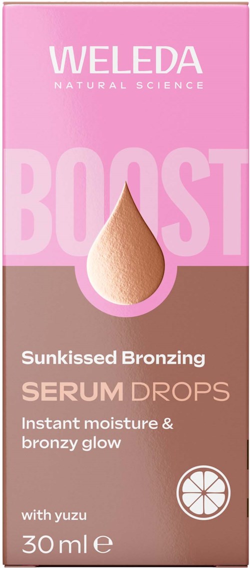Roze doos met productnaam, druppelvorm en tekst over bruining serum druppels met yuzu.