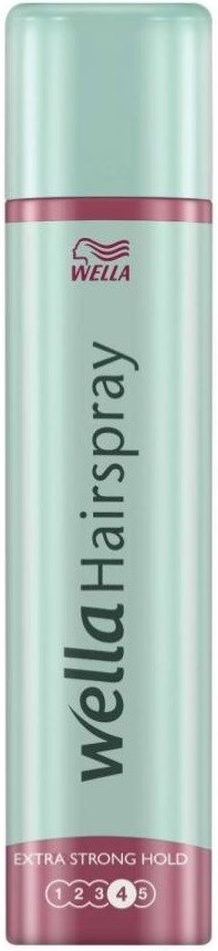 Eine Dose Wella Haarspray mit rosa und silbernem Design, für extra starken Halt, von 1 bis 5 nummeriert.
