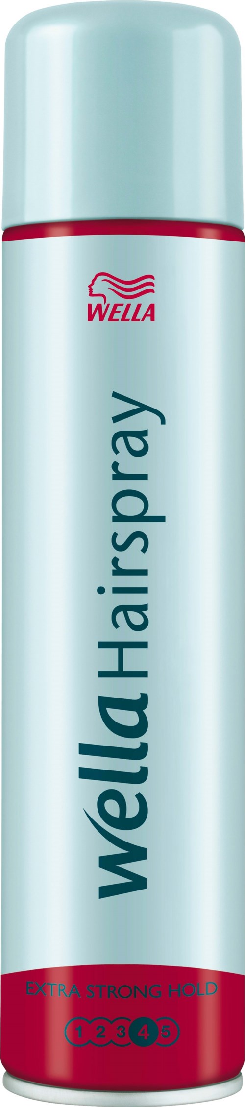 Eine lange, hellblaues Sprühdosen mit roten Akzenten, gekennzeichnet als Wella Haarspray, mit einem roten Wellenlogo.