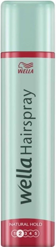 Eine hellblaue Dose mit rosa Band, gekennzeichnet mit Wella Hairspray, und fünf Stärkegrade am Boden.