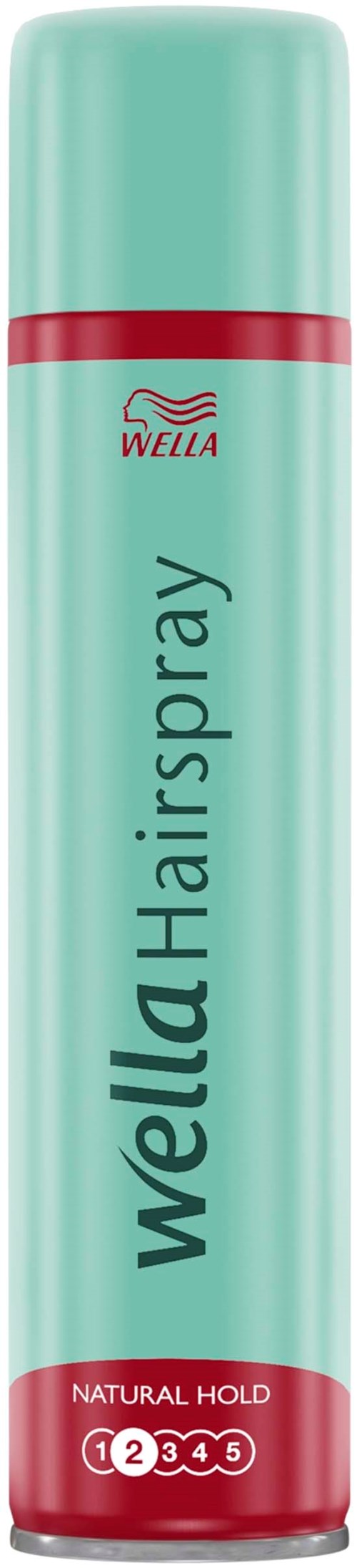 Eine lange, grüne Dose mit rotem Band, beschriftet Wella WellaaHairspray für Haarstyling.