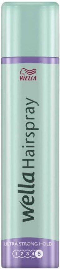 Eine lange, hellgrüne Haarspraydose mit lila Linien, Beschriftung 'Wella Hairspray' und 'Ultra Strong Hold' mit den Zahlen 1 bis 5.