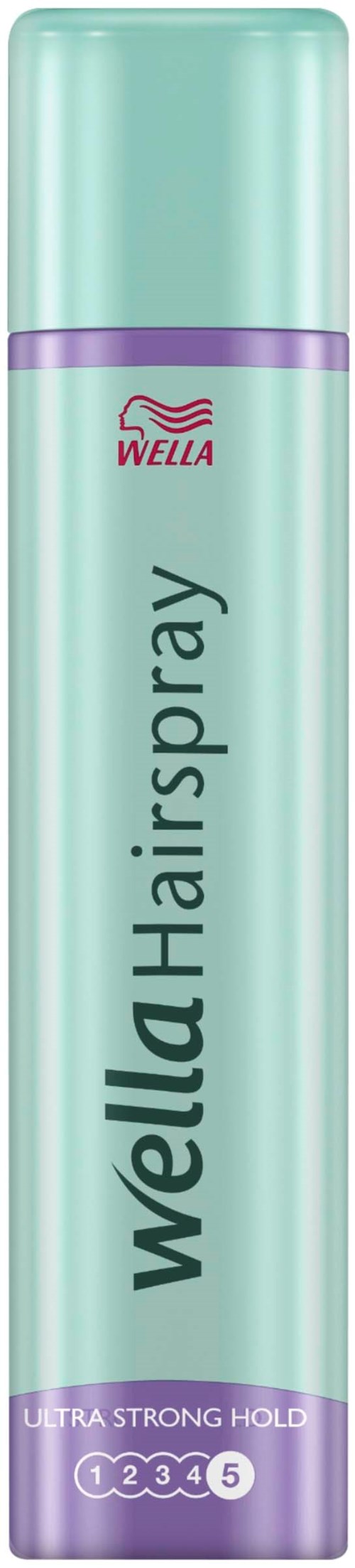 Eine hohe, zylinderförmige Haarspraydose mit lila Akzenten und rotem Logo, beschriftet "Wella Hairspray" und "Ultra Strong Hold."