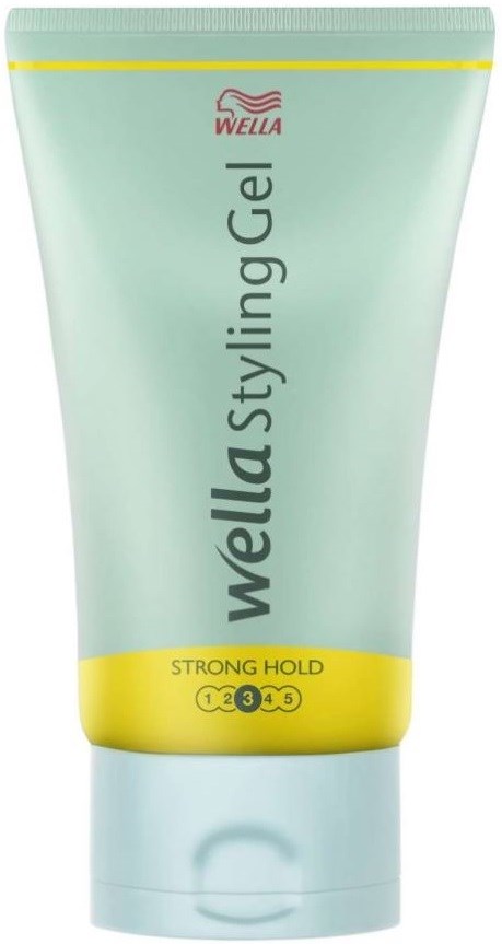 Eine Tube Wella Styling-Gel mit hellgrünem Körper, gelber Beschriftung und rotem Logo oben.