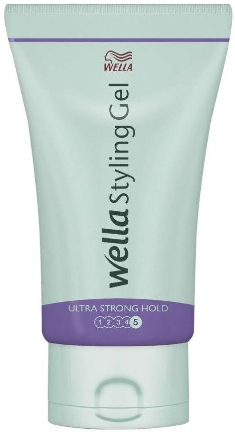 Eine Tube Wella Wellaflex Styling Gel mit ultra starkem Halt, lila Band und hellgrüner Körper.