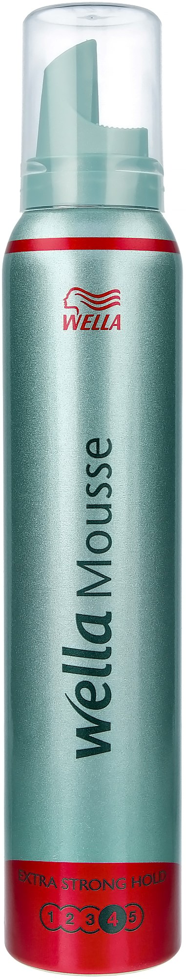 Eine Dose Wella Mousse Haarspray mit hellgrünem Sprühkopf und roten Akzenten.