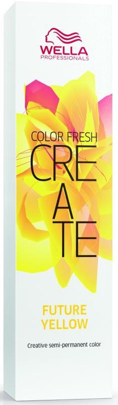 A white box with bright yellow and pink abstract shapes and text about hair color product.