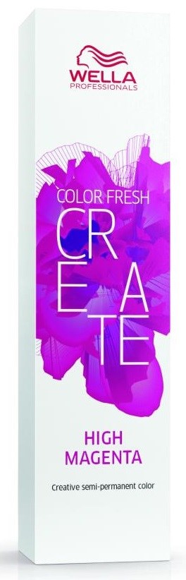 A tall white box with pink and purple text and graphics. It is a hair coloring product called Wella Color Create High Magenta.