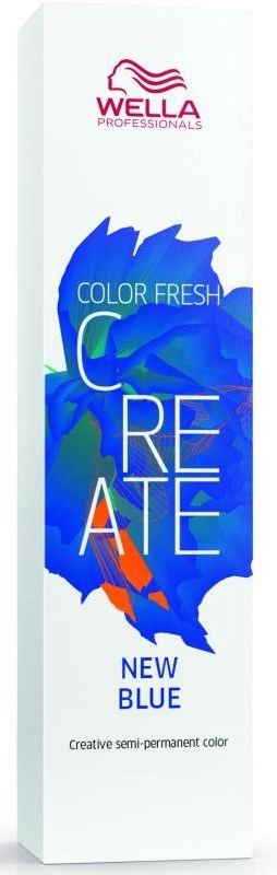 A tall white box with colorful blue and orange paint, a logo, and text about hair color product.