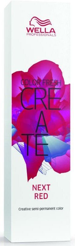 Een lange witte doos met roze en paarse bloemen, Wella-logo en tekst over haarkleur "Next Red".