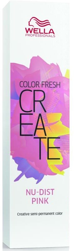 A tall, white box of hair dye with pink, purple, yellow colors, and text about creating color. Wella logo at top.