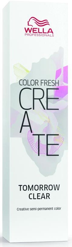 Een lange, witte doos met roze, paarse en groene ontwerp elementen. Het is een haarverfdoos van Wella met 'Color Fresh Creative'.