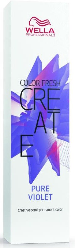 Een doos Wella haarkleuring met paarse en roze abstracte ontwerpen, gemarkeerd 'Color Fresh Create Pure Violet.'