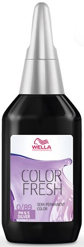 Haarverf fles met label Wellca, Color Fresh, semi-permanent, zilver, met een metallic zilveren dop.