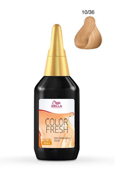 A bottle of hair color cream with a small sample of the cream and color number 10/36.