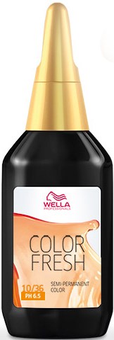 A bottle of semi-permanent hair dye labeled Wellca Color Fresh, in black with a gold cap, showing product details.