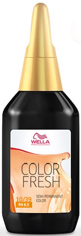 A hair dye bottle with a black and gold design, labeled Wella Color Fresh, semi-permanent color, pH 6.5.