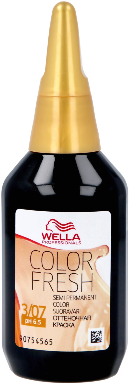 En svart flaska med guldkork och en etikett som säger Wella Color Fesh semi-permanent hårfärg.