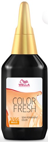 En svart flaska med guldtoppar och en vit etikett visar Wella Color Fresh semi-permanent hårfärg.