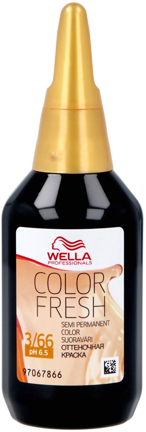 En svart flaska med guldlock och en etikett för Wella Color Fresh semi-permanent hårfärg.