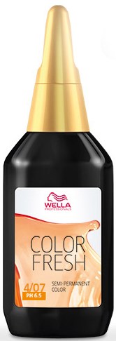 En flaska med Wella semi-permanent hårfärg med guldkork och en etikett som visar produktuppgifter.