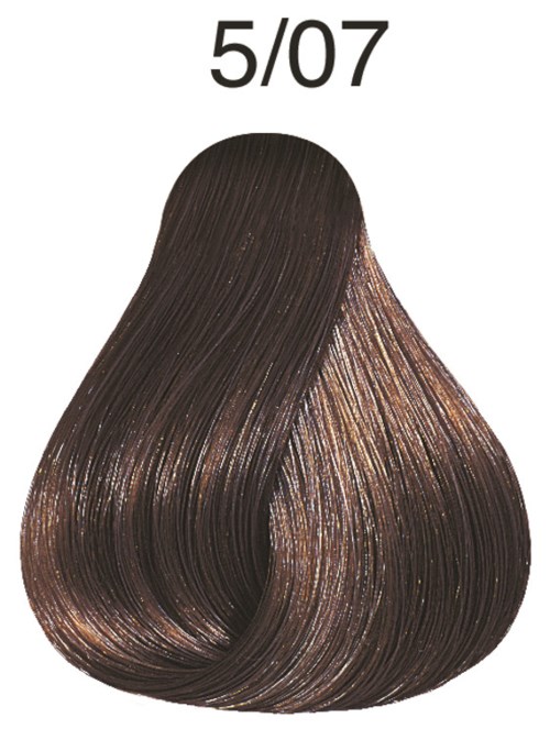 A hair color sample labeled 5/07, showing shiny brown hair. The hair is smooth and well-groomed.