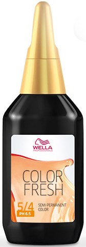 En flaska Wella Color Fresh semi-permanent hårfärg, svart med ett guldlock. Den visar nyanserna 5/4 och PH 6.5.