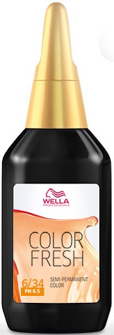 A black bottle with a gold cap, labeled WELLA Color Fresh semi-permanent hair color, shade 6/34.