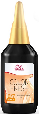 Eine schwarze Flasche mit goldenem Tropfenverschluss, etiketti Wella Farbhaarfarbe, semi-permanent, pH 6,5, für Haarfärbung.