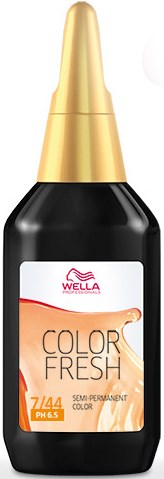 Eine schwarze Flasche mit goldener Kappe, beschriftet Wella Color Fresh, halb dauerhafte Haarfarbe.