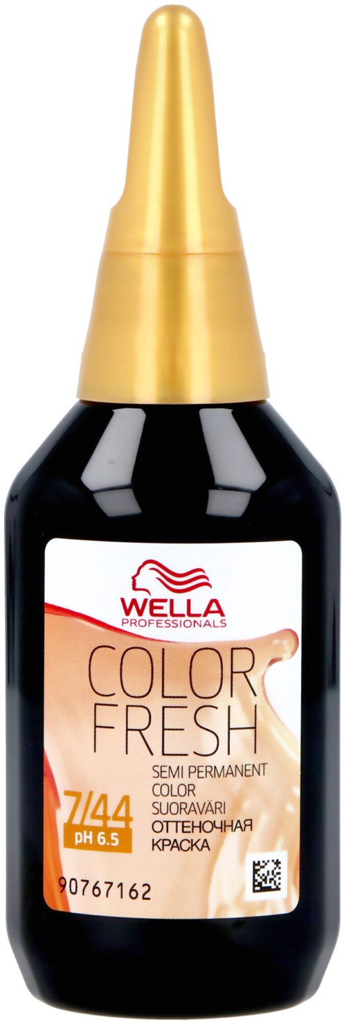 Eine schwarze Flasche mit goldener Kappe und Etikett mit Wella Color Fresh halb permanente Haarfarbe.