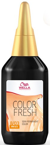A black bottle with a gold cap and a label showing the brand Wella, product name Color Fresh, and color details.