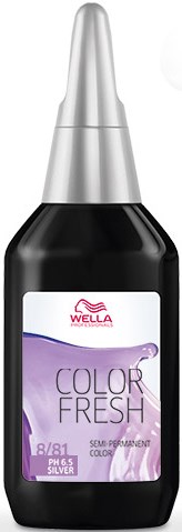 A gloss bottle with black and silver, labeled Wella Color Fresh, semi-permanent hair color in silver shade.