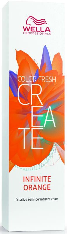 A tall box packaging with colorful orange and purple leaf designs, branded as Wella Color Fresh Create in orange.
