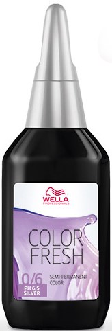 Eine schwarze Flasche Wella Color Fresh halb permanente Haarfarbe mit silberner Kappe und lila Etikett.
