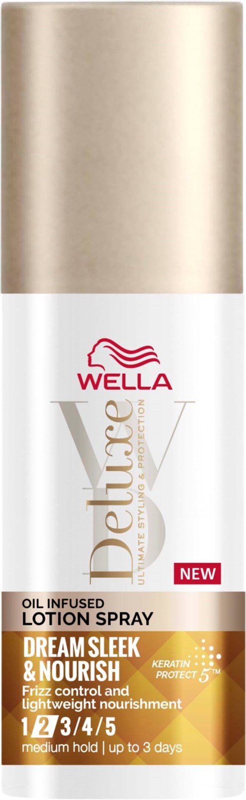 Eine lange Flasche Wella-Haarlotion mit Goldkappe, weißem und goldenem Etikett, rotem Logo. Es ist oil-infused.