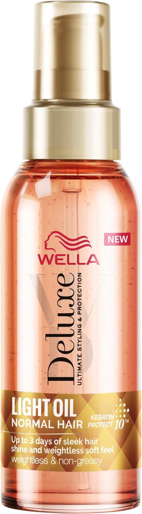 Eine Flasche WELLA Delicate Light Oil für normales Haar, mit goldener Pumpe und rosa-orange Flüssigkeit.