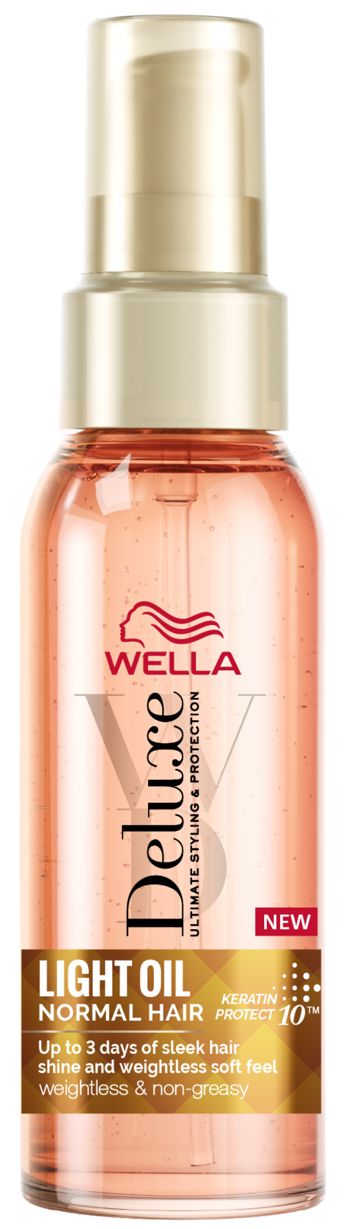 Wella Deluxe Aura Light Oil für normales Haar, verpackt in einer kleinen rosa Flasche mit Sprayaufsatz.