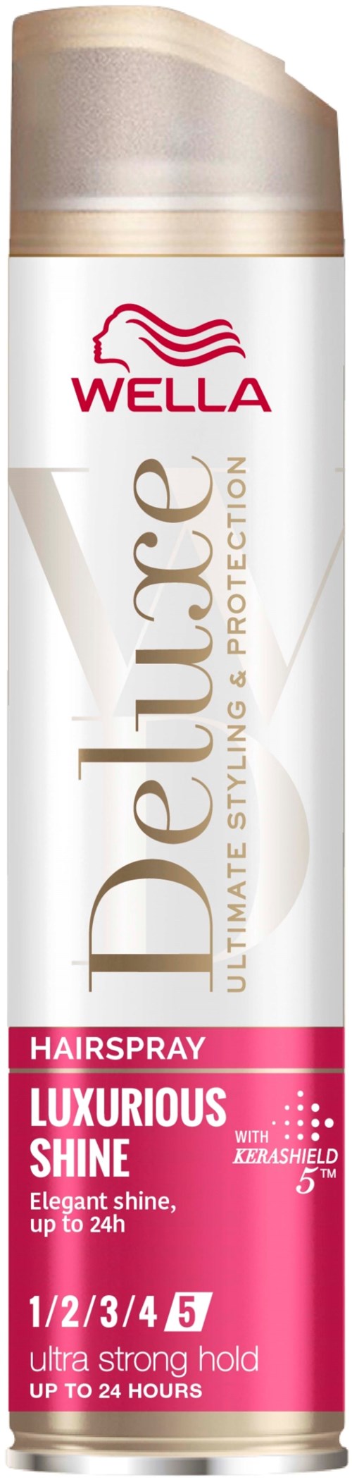 Eine weiße und pinke Wella Deliplus Haarspraydose mit goldenen Details, gekennzeichnet für glänzendes, starkes Haar.