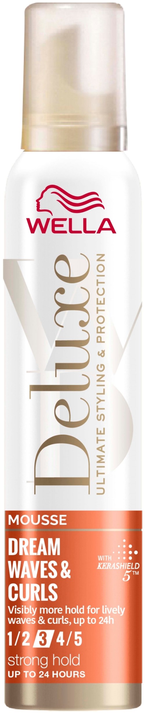 Eine weiße Sprühflasche mit beigeem Verschluss, gekennzeichnet 'WELLA Delicate Mousse Dream Waves & Curls', für Haarstyling.