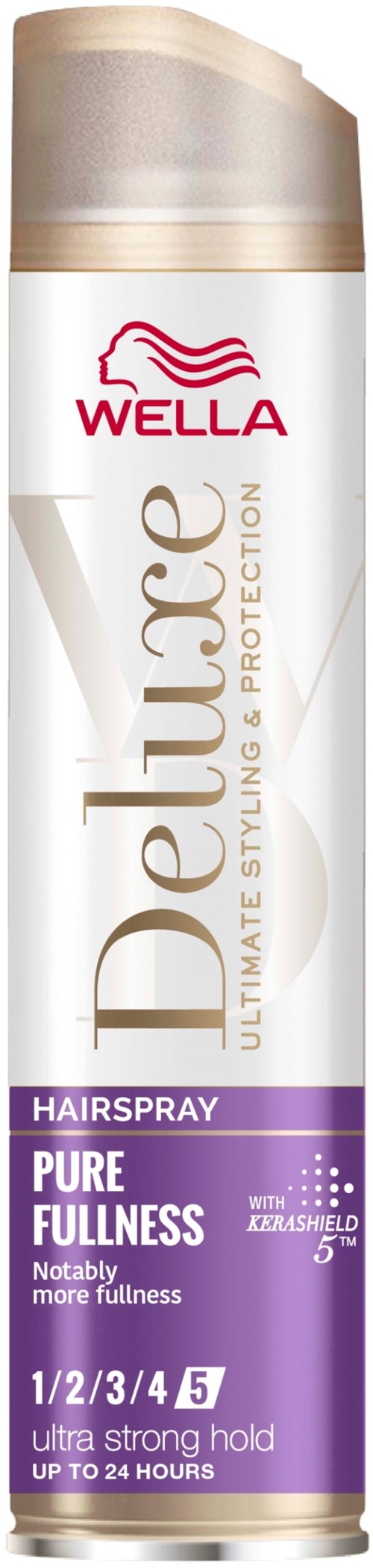 Eine Dose Wella Deliplus Haarspray, gekennzeichnet für reine Fülle, mit beigem Deckel und lila Details.