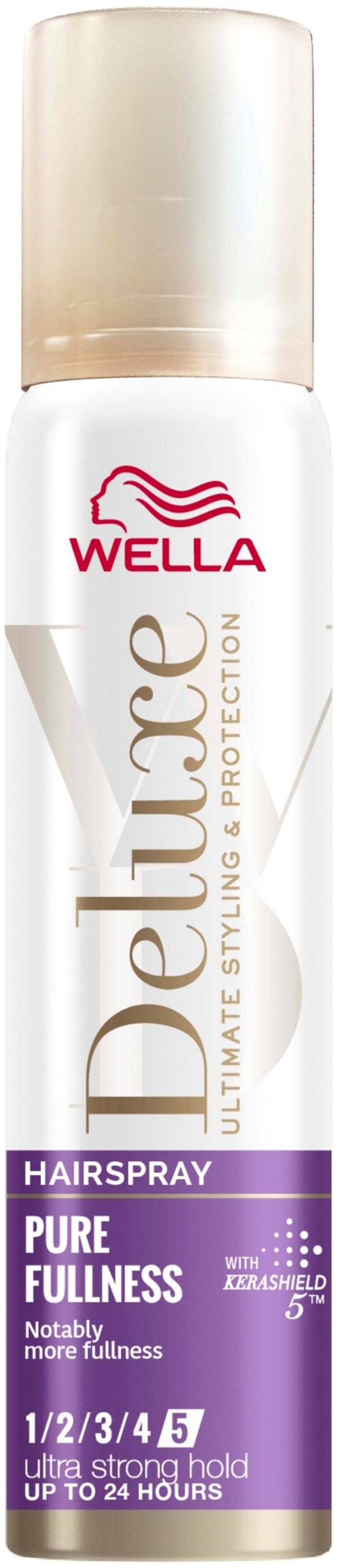 Eine weiße Sprühflasche mit goldenen und lila Aufklebern, für Haare, beschriftet 'Wella Deluce Hairspray Purple Fullness'.