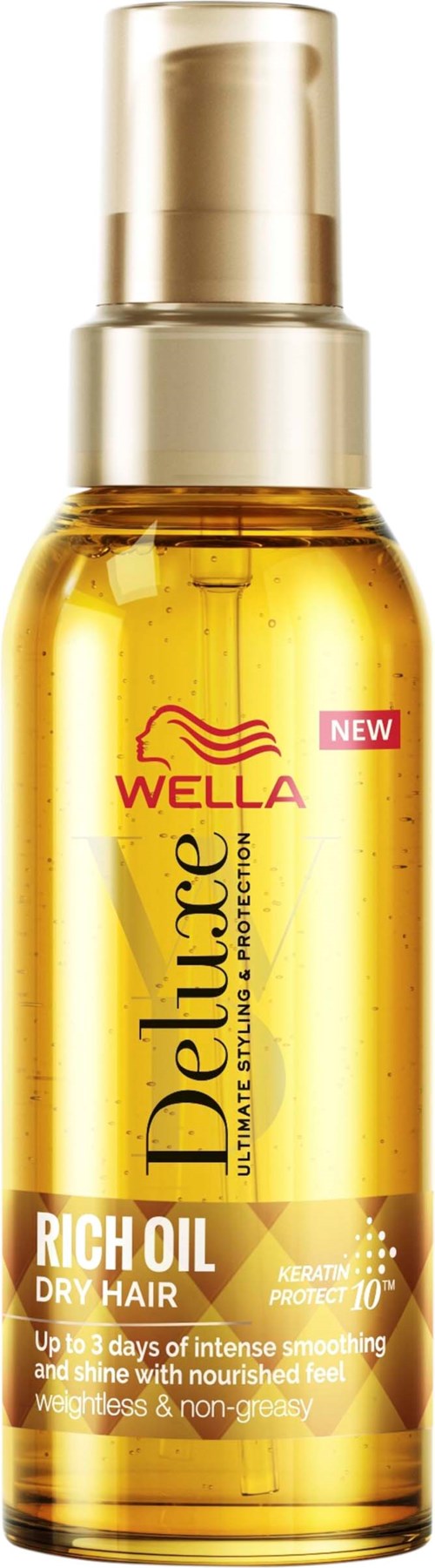 Goldene Flasche mit Pumpe, Beschriftung sagt Wella Delicate Rich Oil für trockenes Haar, verspricht schnelle Glättung und Pflege.