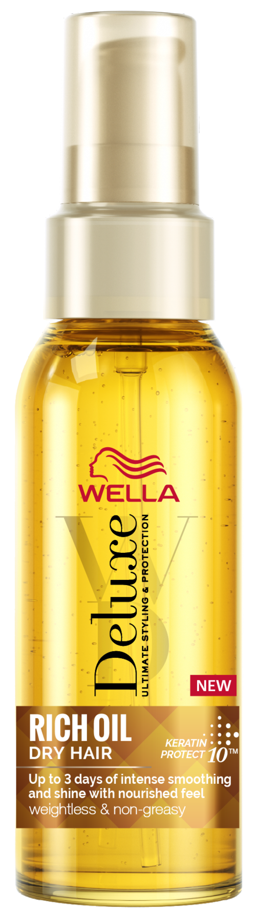 Kleine Sprühflasche Wella Deluxe Rich Oil für trockenes Haar, mit goldener und weißer Verpackung, mit Pumpe.